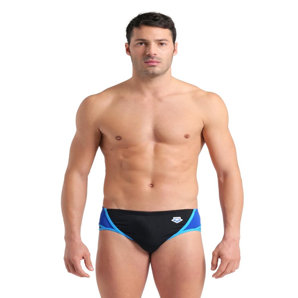 ARENA Performance Men's Icons Panel Swim Brief Chlorine Resistant MaxLife Sports Swimsuit Practice Pool Training Competitive Bathing Suit, Black/Neon Blue/Red Fandango, US Size 34