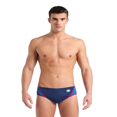 ARENA Performance Men's Icons Panel Swim Brief Chlorine Resistant MaxLife Sports Swimsuit Practice Pool Training Competitive Bathing Suit, Navy/Blue Cosmo/White/Red Fandango, US Size 40