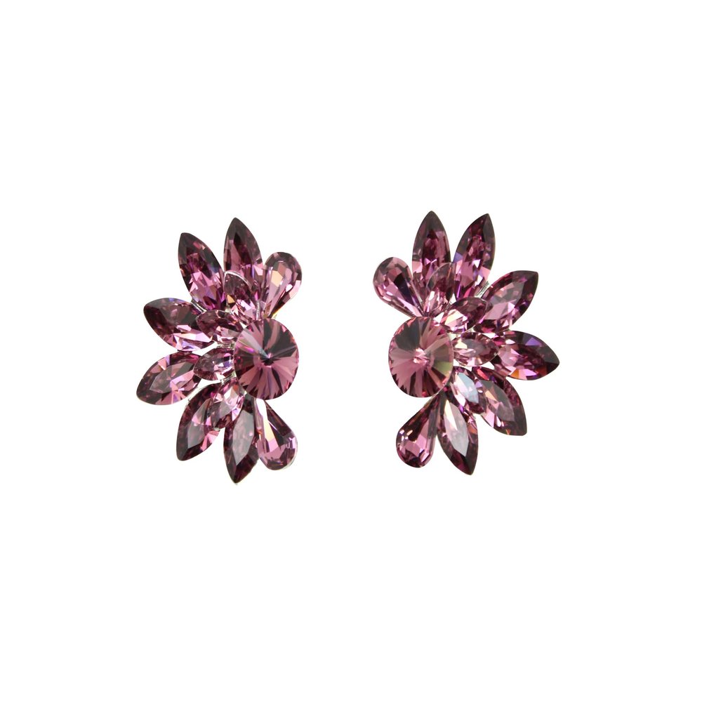Faship Purple Rhinestone Crystal Floral Clip On Earrings - Purple