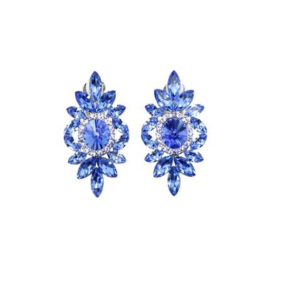 Faship Blue Rhinestone Crystal Floral Clip On Earrings - Blue