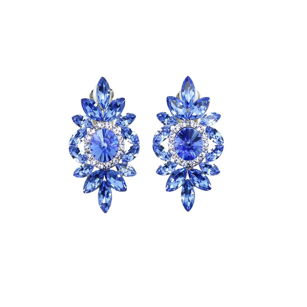 Faship Blue Rhinestone Crystal Floral Clip On Earrings - Blue