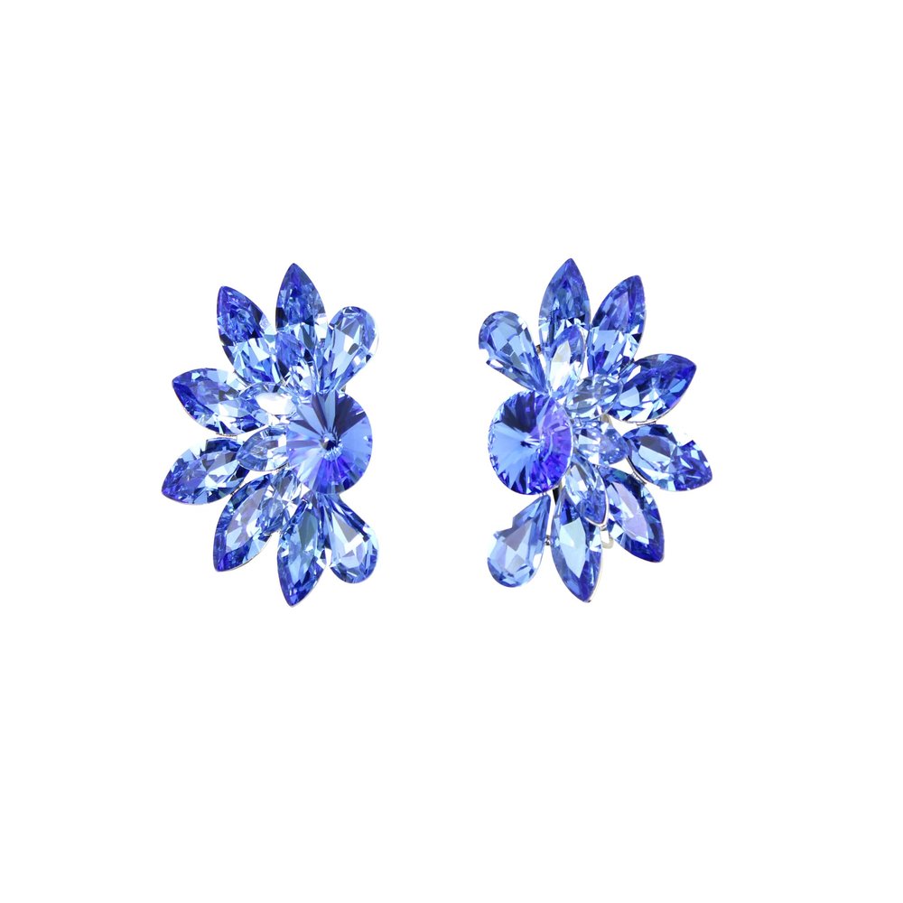 Faship Blue Rhinestone Crystal Floral Clip On Earrings - Blue