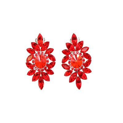 Faship Red Rhinestone Crystal Floral Clip On Earrings - Red