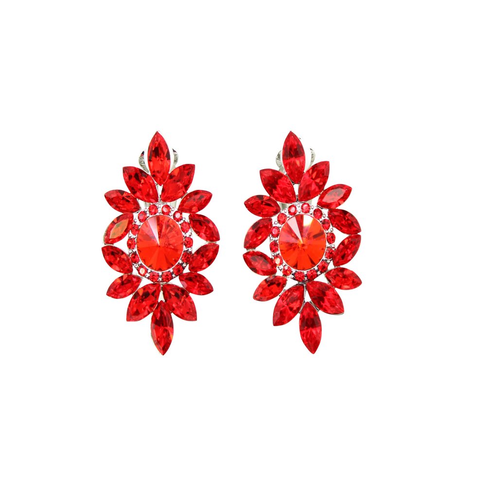 Faship Red Rhinestone Crystal Floral Clip On Earrings - Red