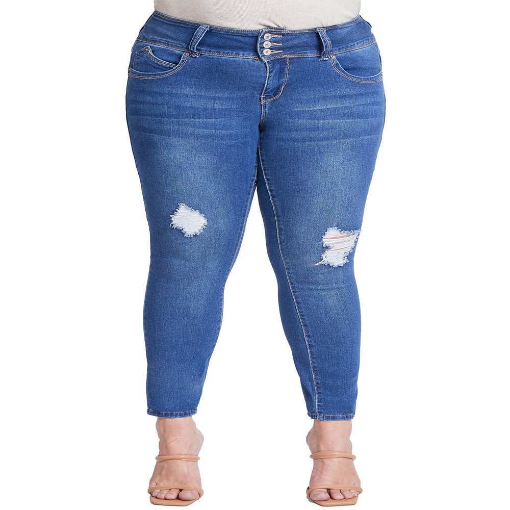 Royalty For Me Women's Plus Size Sustainable Wannabettabutt Skinny Jeans, Medium Blue Rips, 20W
