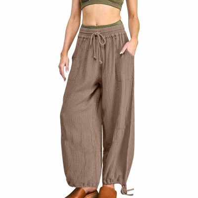 ZYXTIM Women's Boho Harem Pants, Plus Size Smocked Waist Wide Leg Loose Fit Casual Bohemian Hippie Utility Pants with Pockets(Brown,Medium)