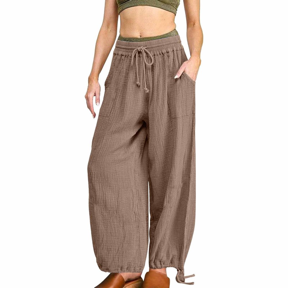 ZYXTIM Women's Boho Harem Pants, Plus Size Smocked Waist Wide Leg Loose Fit Casual Bohemian Hippie Utility Pants with Pockets(Brown,Medium)