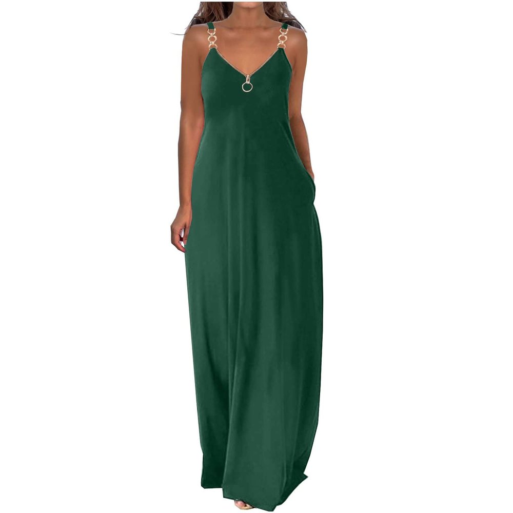 Akklian Summer Dresses for Women 2024 Vacation Casual Dress Boho Fashion V Neck Hoop Sling Beach Long Maxi Dress with Pockets Green