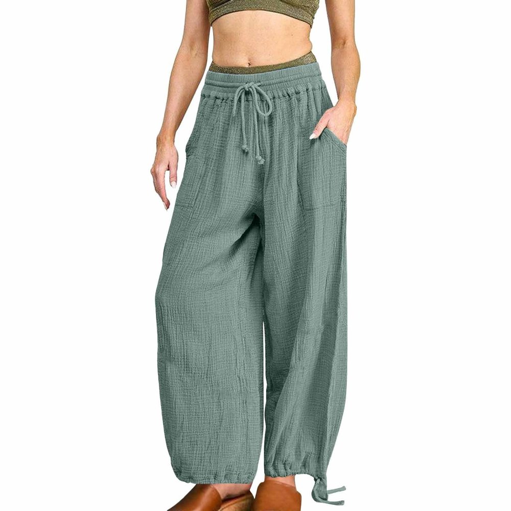 ZYXTIM Women's Boho Harem Pants, Plus Size Smocked Waist Wide Leg Loose Fit Casual Bohemian Hippie Utility Pants with Pockets(Green,Large)