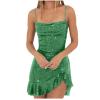 Akklian Womens Sparkle Sequin Dresses Sleeveless Low Cut Spaghetti Strap Mini Dress Party Cocktail Dress Irregular Swing Hem Green