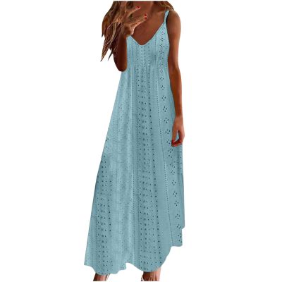 Akklian Women Summer Dress V Neck Spaghetti Straps Sleeveless Sundress Eyelet Embroidery Maxi Dress Casual Elegant Long Dress Light Blue