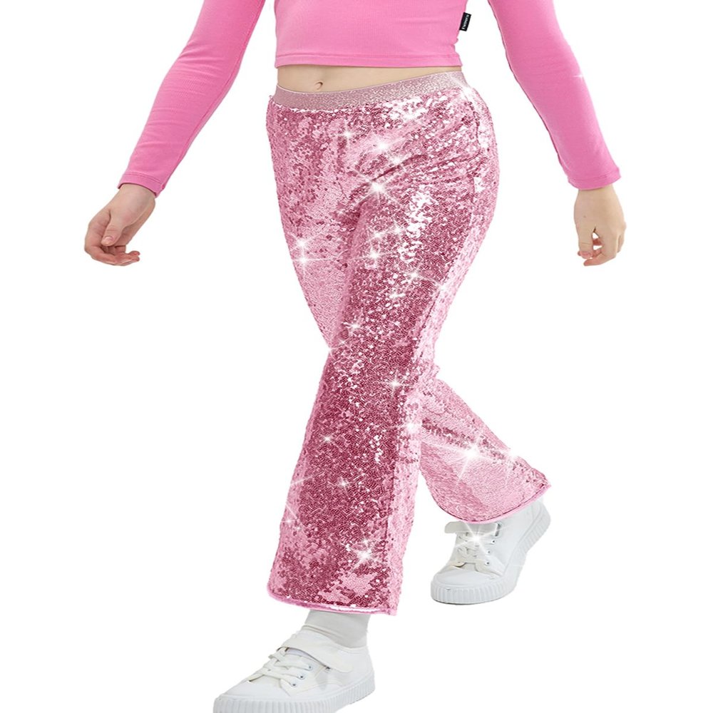 LOLANTA Girls Sequin Flare Pants Sparkle Bell Bottoms Kids Elastic Waist Glitter Disco Dance Trousers(Pink,8-9Y)