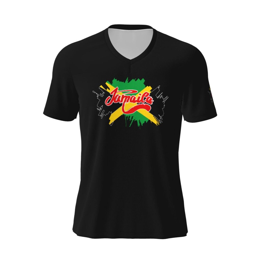 COIEN Jamaica Flag Jamaican Map5 T-Shirts Mens Casual Shirts V-Neck Short Sleeve Football Jersey, Large, Black