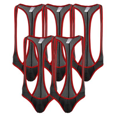 JEKE-DG Men's Vest Slings Jockstrap Leotard Wrestling Singlet Leotard Jumpsuits Stretch Mesh Triangle Briefs Bodysuit (Large,Black-5pc)