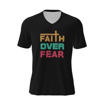 COIEN Faith Over Fear T-Shirts Man Casual Top V-Neck Short Sleeve Football Jersey Black, Medium