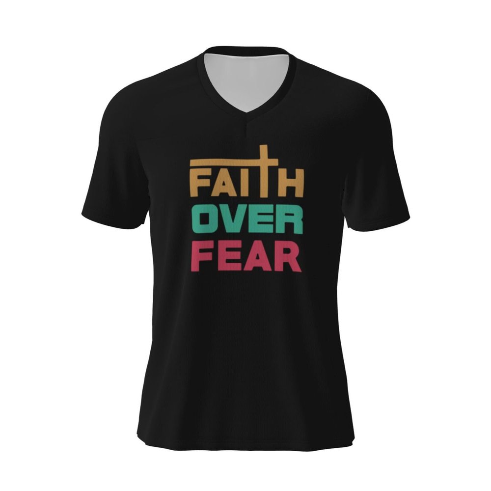 COIEN Faith Over Fear T-Shirts Man Casual Top V-Neck Short Sleeve Football Jersey Black, Medium