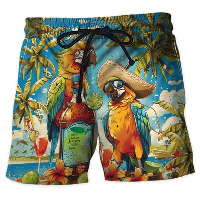 Parrot Couple Men's Swim Trunks - Summer Travel Hawaiian Shorts for Men, Men's Summer Bathing Shorts Set 28 Size L
