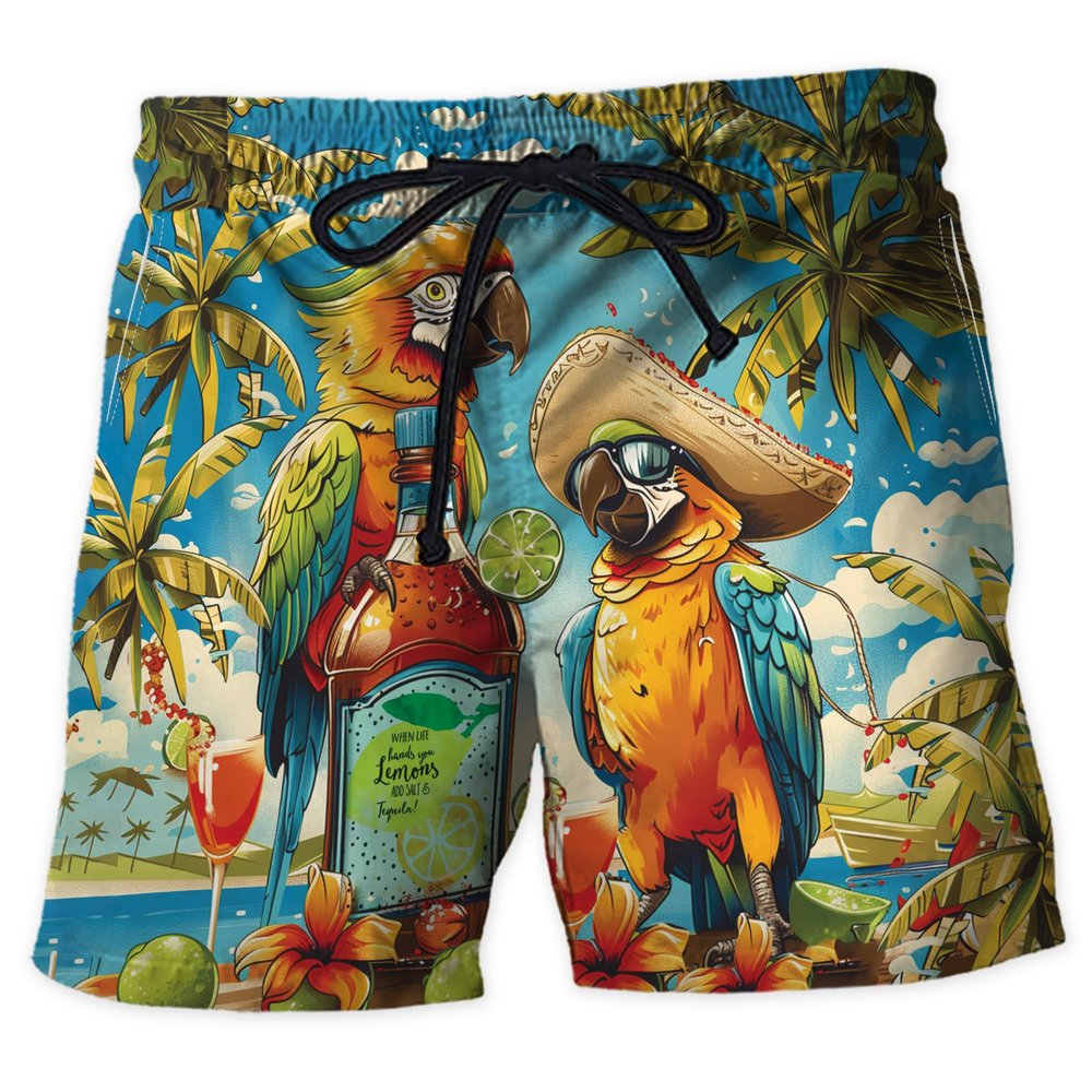 Parrot Couple Men's Swim Trunks - Summer Travel Hawaiian Shorts for Men, Men's Summer Bathing Shorts Set 28 Size L