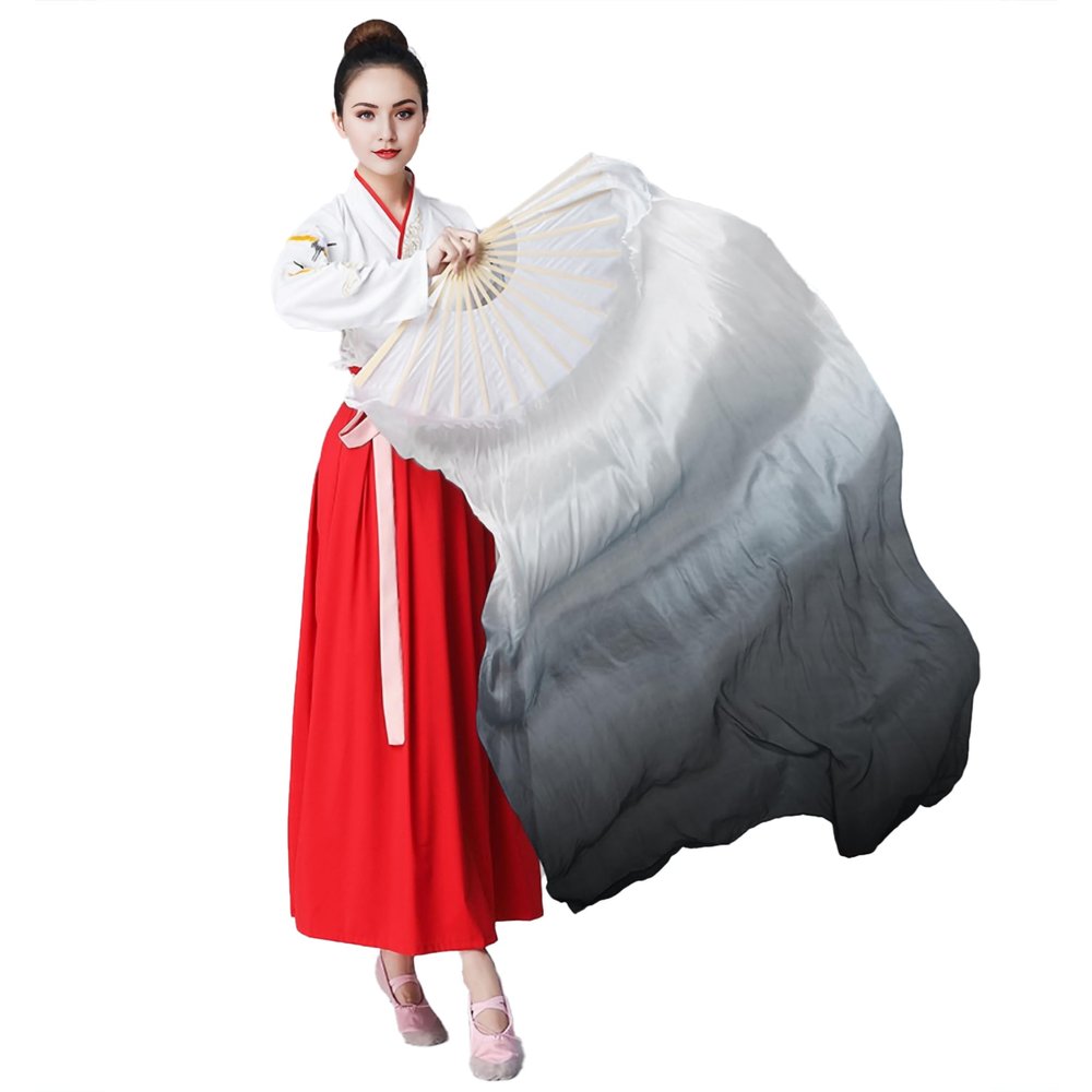 FixtureDisplays 1 PCS 1.5m Women Genuine Silk Belly Dance Fan Veil, Chinese-Style Watercolor Ink Gradient Color Dance Fan 21970-1D