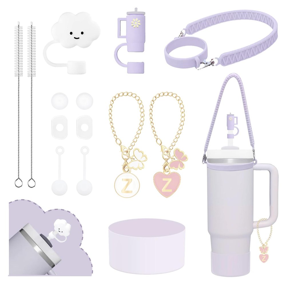 10Pcs Stanley Cup Accessories 9-10mm Stanley Straw Cover Topper Silicone Boot For Stanley Cup Initial Letter Charm Leak Proof Seal Kit Stanley 2.0 30&40oz (Orchid,Z)