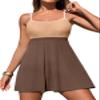 Aleumdr Athletic One Piece Swimsuits Tummy Control Tankini Bathing Suits for Women Ribbed Swimsuits Skirt Swimwear with Pocket Oatmeal X-Large view 1