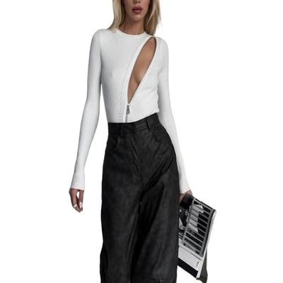 2024 Spring Simple Solid Color Wool Woven Top Women's Inner Wear Pit Strip Zipper Design Sense Slim Slim Long-Sleeved T-Shirt (Color : White, Size : Large)