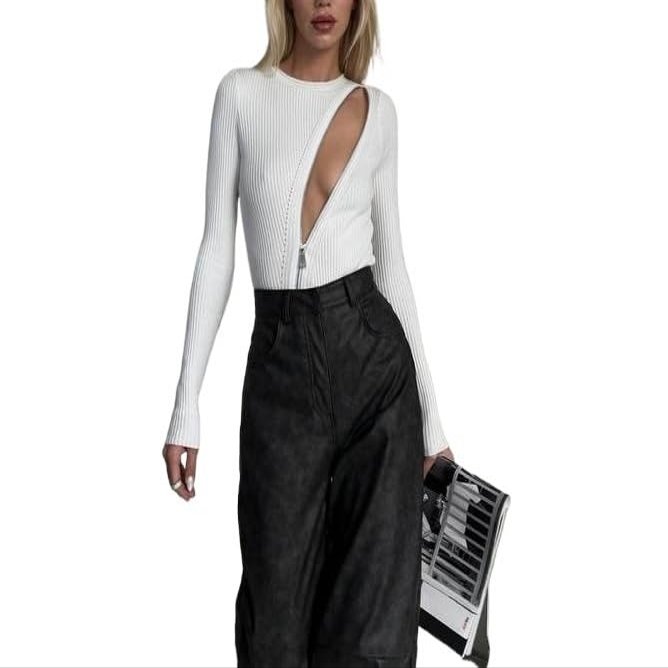 2024 Spring Simple Solid Color Wool Woven Top Women's Inner Wear Pit Strip Zipper Design Sense Slim Slim Long-Sleeved T-Shirt (Color : White, Size : Large)
