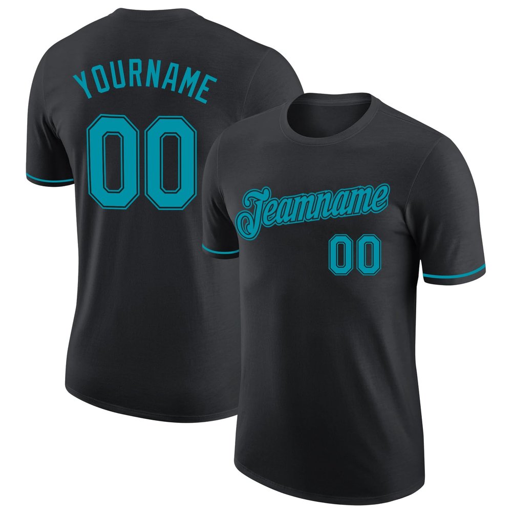 Pisting Customized Black Baseball T-Shirt Personalized Sports Jersey for Youth Men Women Teens Boys Girls Design Your Own Team Uniform Print Name Number Logo, Casual Short Tee Shirts with Teal Text
