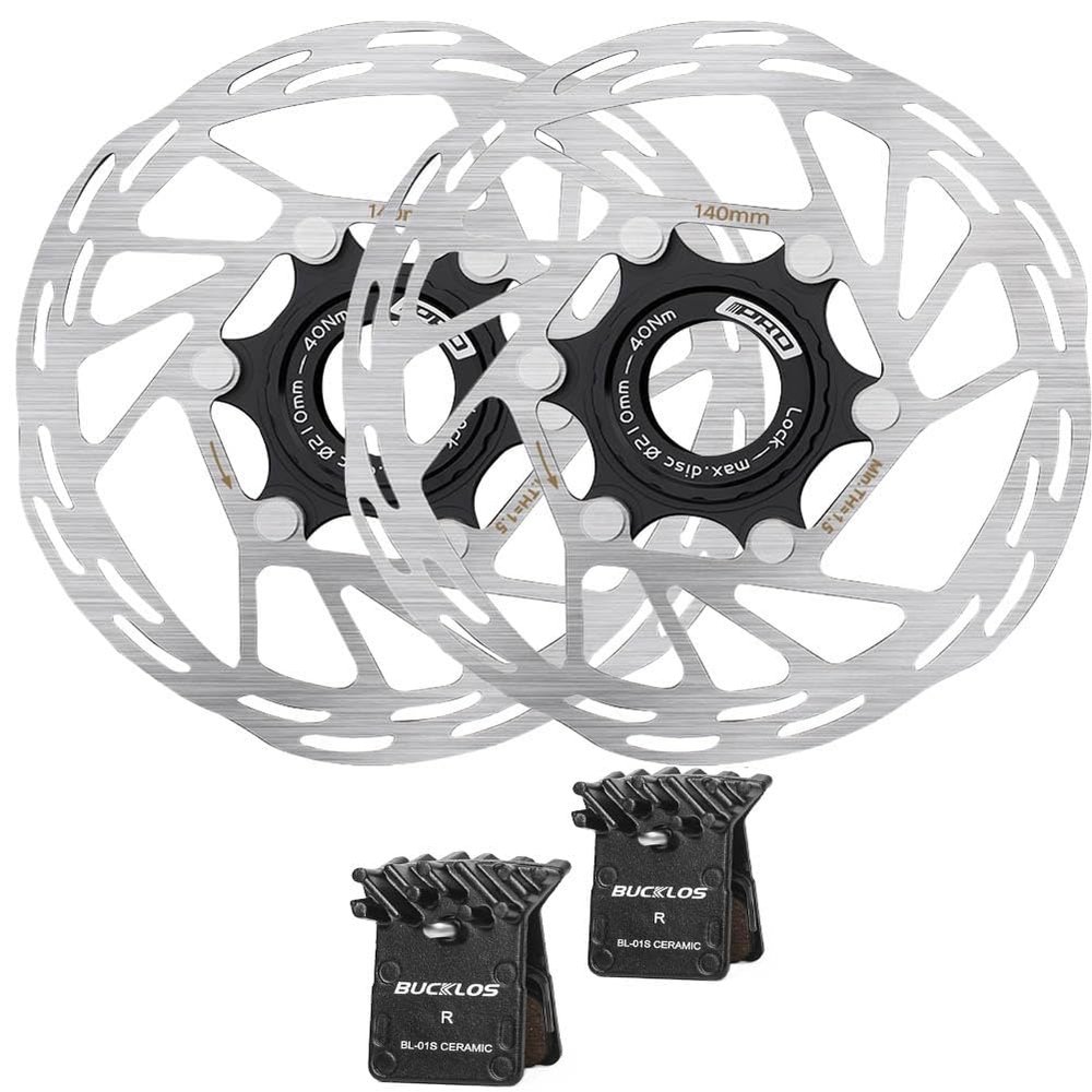 BUCKLOS IIIPRO MTB 140mm Centerlock Disc Brake Rotor and BL-01S 2 Pair Disc Brake Pads for Ceramic Shimano N03A N04C L05A K04S K04Ti K05S K05Ti M8110 M7110