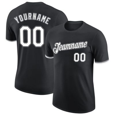 Pisting Personalized Black Baseball T-Shirt Customized Sports Jersey for Youth Men Women Teens Boys Girls Design Your Own Team Uniform Print Name Number Logo, Casual Short Tee Shirts with Grey Text