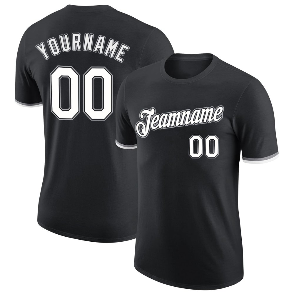 Pisting Personalized Black Baseball T-Shirt Customized Sports Jersey for Youth Men Women Teens Boys Girls Design Your Own Team Uniform Print Name Number Logo, Casual Short Tee Shirts with Grey Text