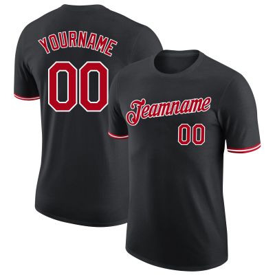 Customized Black Baseball T-Shirt Personalized Sports Jersey for Youth Men Women Teens Boys Girls Design Your Own Team Uniform Print Name Number Logo, Casual Short Tee Shirts with Red Text