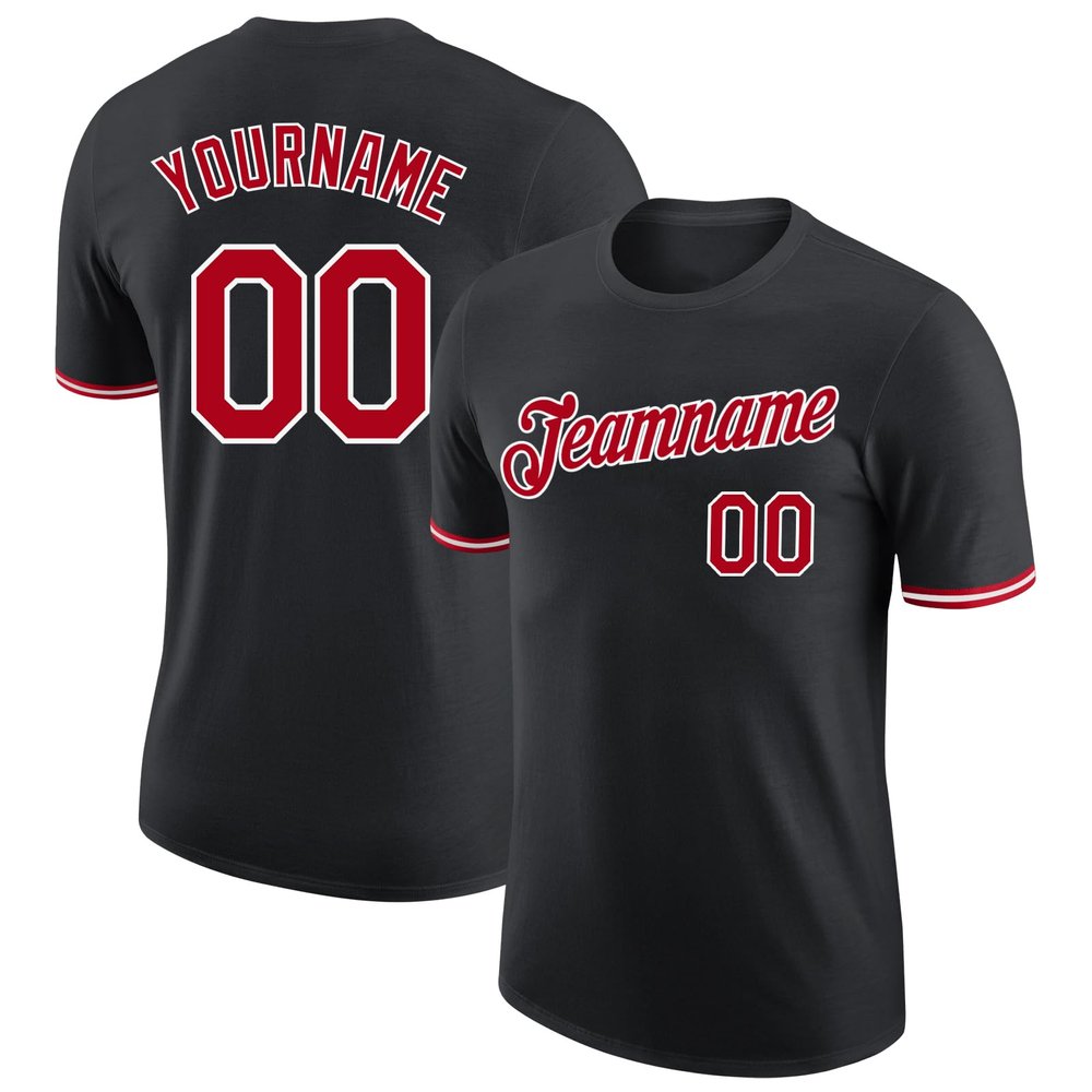 Customized Black Baseball T-Shirt Personalized Sports Jersey for Youth Men Women Teens Boys Girls Design Your Own Team Uniform Print Name Number Logo, Casual Short Tee Shirts with Red Text