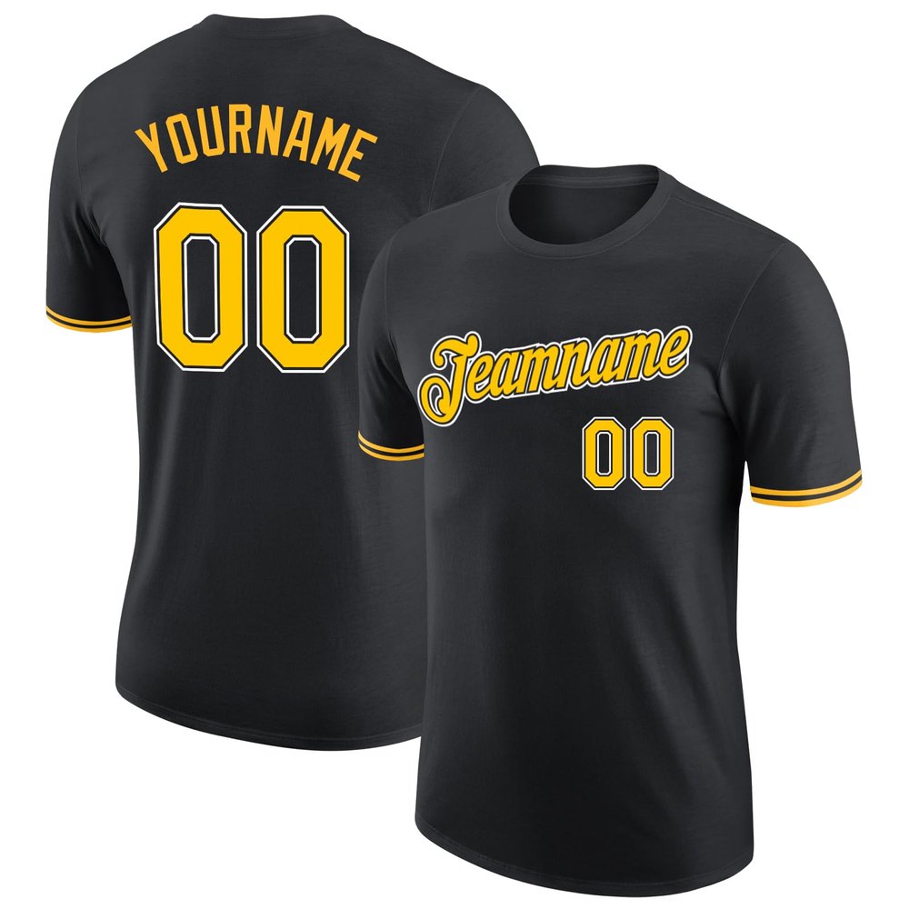 Pisting Customized Black Baseball T-Shirt Personalized Sports Jersey for Youth Men Women Teens Boys Girls Design Your Own Team Uniform Print Name Number Logo, Casual Short Tee Shirts with Yellow Text