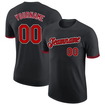 Personalized Black Baseball T-Shirt Customized Sports Jersey for Youth Men Women Teens Boys Girls Design Your Own Team Uniform Print Name Number Logo, Casual Short Tee Shirts with Red Text