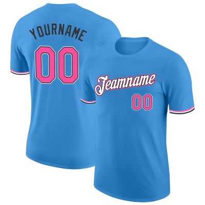 Pisting Personalized Blue Baseball T-Shirt Customized Sports Jersey for Youth Men Women Teens Boys Girls Design Your Own Team Uniform Print Name Number Logo, Casual Short Tee Shirts with Pink Text