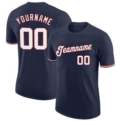 Custom Navy Blue T-Shirt Baseball Jersey for Youth Men Women Teens Boys Girls Personalized Team Uniform with Name Number Logo Print Front and Back, Sports Short Tee Shirts with White Red Text