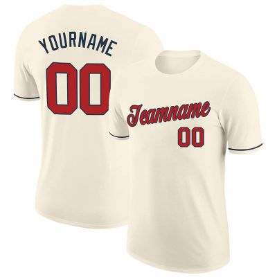 Cream White Short T-Shirt Custom Baseball Jersey for Youth Men Women Teens Boys Girls Personalized Team Uniform with Name Number Logo Print Front and Back, Sports Tee Shirts with Red Text