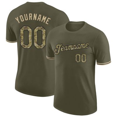 Custom Camo Baseball T-shirts for Youth Men Women, Personalized Olive Green Short Casual Shirt with Name Number Logo Print Front and Back, Design Sports Uniform Team Jerseys for Groups Family Business