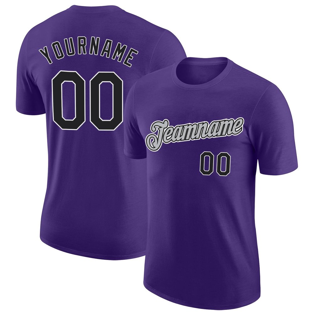 Personalized Purple Baseball T-Shirt Customized Sports Jersey for Youth Men Women Teens Boys Girls Design Your Own Team Uniform Print Name Number Logo, Casual Short Tee Shirts with Black Grey Text