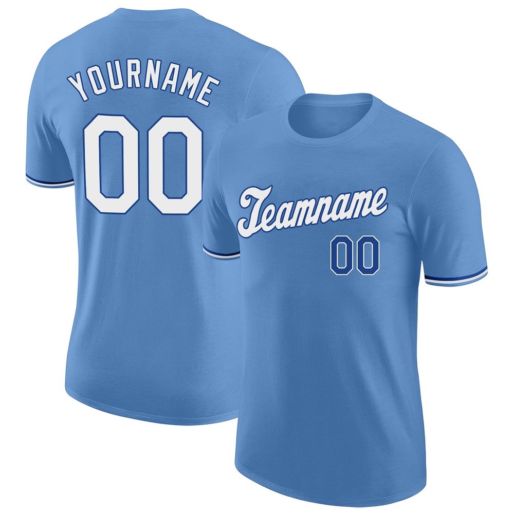 Custom Light Blue T-Shirt Baseball Jersey for Youth Men Women Teens Boys Girls Personalized Team Uniform with Name Number Logo Print Front and Back, Sports Short Tee Shirts with White Text