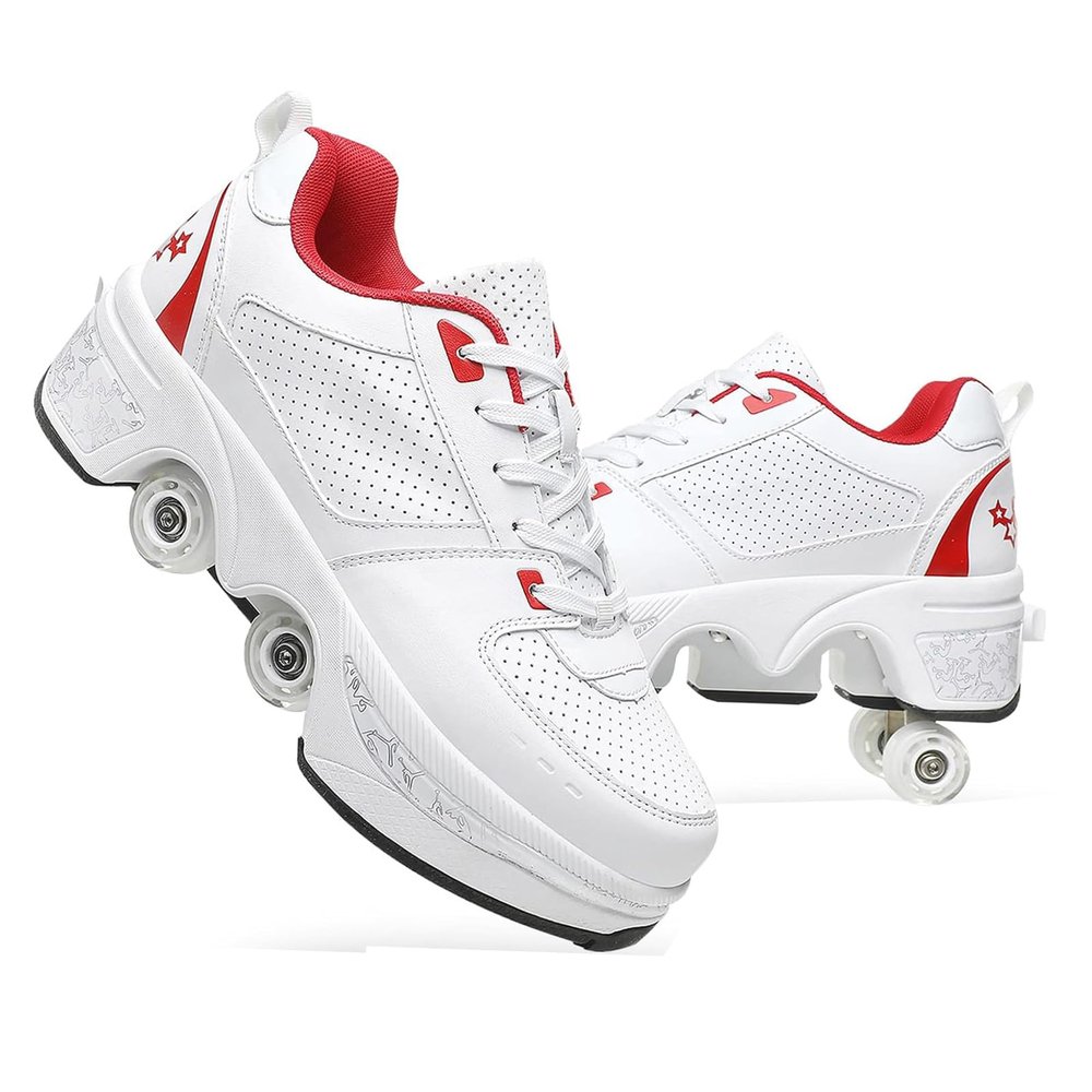 Roller Skate Shoes for Men and Women, Double Row Deform Wheel Roller Skates, Retractable Roller Shoes Sneakers, Outdoor Shoes with Wheels for Boys Girls (White Red, 8.5)
