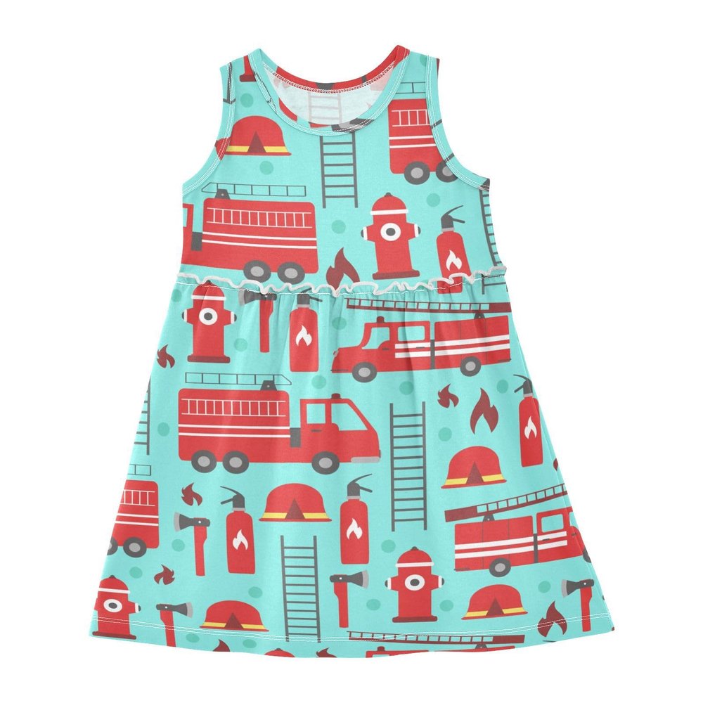 Aflyko Girls Sleeveless Dress Cute Fire Rescue Truck Adorable Tank Play Sundress 2T-8T