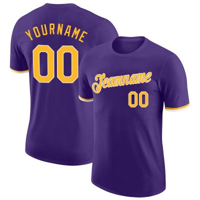 Purple Short T-Shirt Custom Baseball Jersey for Youth Men Women Teens Boys Girls Personalized Team Uniform with Name Number Logo Print Front and Back, Sports Tee Shirts with Yellow Text