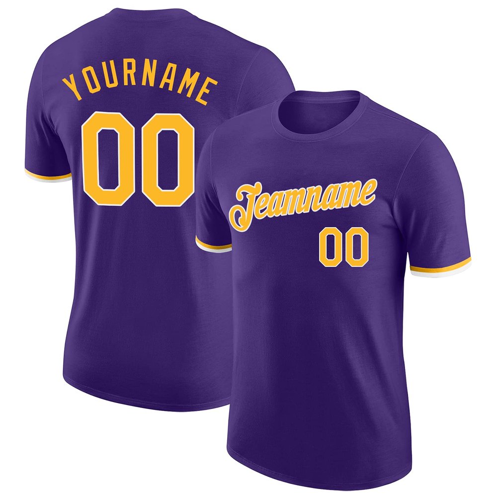 Purple Short T-Shirt Custom Baseball Jersey for Youth Men Women Teens Boys Girls Personalized Team Uniform with Name Number Logo Print Front and Back, Sports Tee Shirts with Yellow Text