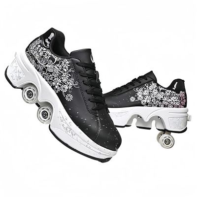 Roller Skate Shoes for Men and Women, Double Row Deform Wheel Roller Skates, Retractable Roller Shoes Sneakers, Outdoor Shoes with Wheels for Boys Girls (Black Pink, 8.5)