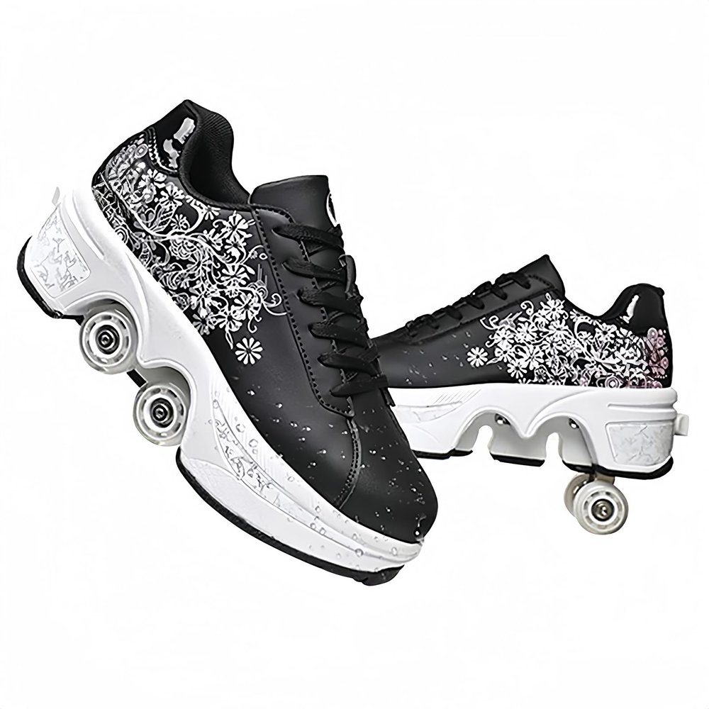 Roller Skate Shoes for Men and Women, Double Row Deform Wheel Roller Skates, Retractable Roller Shoes Sneakers, Outdoor Shoes with Wheels for Boys Girls (Black Pink, 8.5)
