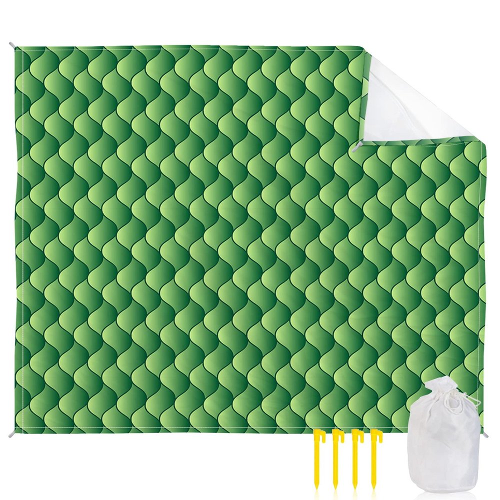 Geometric Green Beach Blanket Large with Stakes Waterproof Sandproof,Foldable Beach Mat with Corner Pockets for Outdoor Travel Camping Hiking Picnic Essentials,Modern Abstract Minimalist Scale 83"x79"