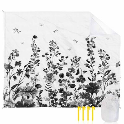Blush Pink Leaves Beach Blanket Large with Stakes Waterproof Sandproof,Foldable Beach Mat with Corner Pockets for Outdoor Travel Camping Hiking Picnic Essentials,Retro Flower Dragonfly Black 84"x108"