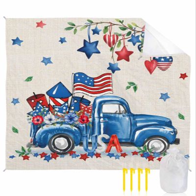 4th of July Floral Beach Blanket Oversized with Stakes Waterproof Sandproof Beach Mat with Corner Pockets for Outdoor Travel Camping Hiking Picnic,Patriotic Memorial Truck Love Star Leaves 118"x108"
